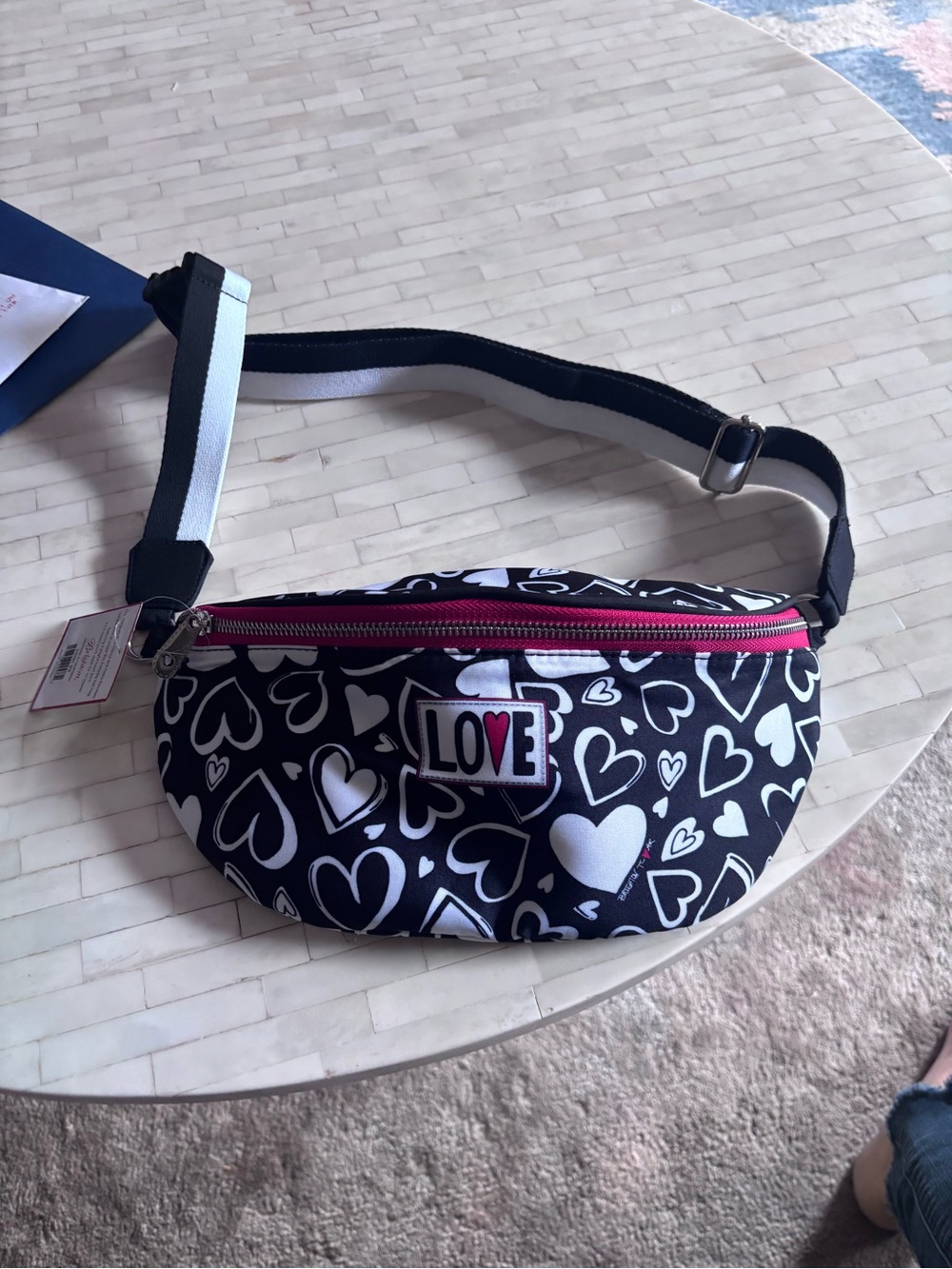 Brighton LOVE Heart Print Crossbody Belt Bag in Black with Pink Zip